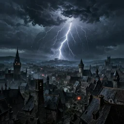 sinister medieval town landscape during a thunderstorm, demons in the sky, dramatic lighting, cinematic, establishing shot, extremly high detail, photo realistic, cinematic lighting, post processed, concept art, artstation, matte painting, style by Kentaro Miura