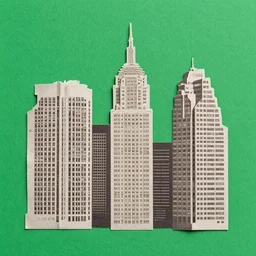 collage, newspaper texture buildings, papercut, , background green color