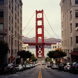 color film still city san francisco, golden gate bridge, lombard street, iconic, blade runner style, year 2 1 0 0, future, gritty, dirty