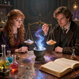 hyper real, table, wizards laboratory, lisa parker, tony sart, mortar, pestle, scales with magic powder, energy flowing, magic book, beakers of colored liquid, greg rutkowski