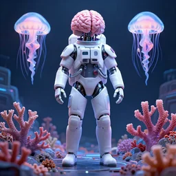 cyberpunk coral cyborg brain jellyfish, highly detailed, a cyberpunk astronaut, stunning atmosphere, symmetrical fullbody, and the helmet is fishbowl, suehiro moaruo, katsuhiro otomo, shintaro kago, cgsociety, octane render, ambient light