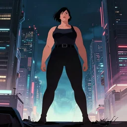 a tall, broad-shouldered woman standing before a cyberpunk cityscape, dramatic lighting, illustration by Greg rutkowski, yoji shinkawa, 4k, digital art, concept art, trending on artstation