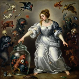 a painting of pandora opening her jar, releasing monsters and critters that impersonate sickness and death, misery, she is fully dressed, in the style of realism and a masterpiece by artemisia gentileschi and egon schiele, the face is painted by artemisia gentileschi and james jean, critters flying around, the jar is clearly visible