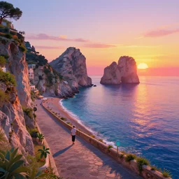 epic professional digital art of a lonely street on a cliff over the sea at sunset in capri island,  wide sandy beaches, best on artstation, colorful sylvain sarrailh concept art, by peter chan, pixar movie, upscaled, perfect composition , golden ratio