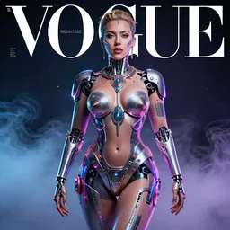 hyperrealistic futuristic high fashion photography, girl in studio, full body, cybernetic parts, asian, scarlett johansson, vogue magazine, nomad masterpiece, nano parts, neon lights, smoke, eerie music, beautiful intricate face and flawless skin, tribal jewelry, tattoos, perfect hands, head piece, by Edgar Maxence and Ross Tran and Michael Whelan, 8k, octane render