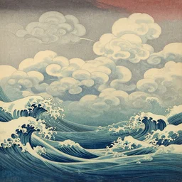 clouds and waves, an aesthetically pleasing, dynamic, energetic, lively, complex, intricate, detailed, well - designed fine art of a beach, ripples, waves, sea foam, light and shadow, overlaid with aizome patterns, shin - hanga by bob ross, traditional japanese colors, superior quality, masterpiece, featured, trending, award winning, hdr, hd, uhd