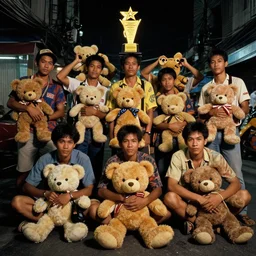 ultra realistic photo of bangkok street gangs over the years, with their teddy bear. 8 0 s. lighting dim. awards winner photographers.