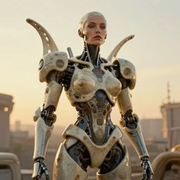 a beautifull cybernetic mech cyberpunk woman portrait, organic ceramic fractal forms, golden hour lighting, film still from the movie directed by denis villeneuve with art direction by wayne barlowe and salvador dali, wide lens, f 3 2,