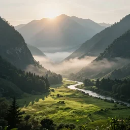 landscape, mountain, valley!!!!!!!!!!!!, meadow!!!!!!!, forest, river, photoreal, dawn, hazy, fog, sunlight, rays, beautiful!!!!!!!!!!!!!!!!!!!!, greg rutkowski!!!!!!!!!!!!, cinematic, atmospheric
