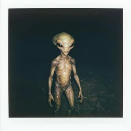 Low-quality zoomed-in Polaroid photo of a bizarre alien sighting, grainy