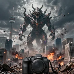 Ominous still of Inter-Dimensional Shadow of Colossus Kaiju Behemoth Entity towering over devastated Toronto downtown district, chaotic riots in 2022, Canon EOS R3, f/1.4, ISO 200, 1/160s, 8K, RAW, unedited, symmetrical balance, in-frame, documentary photography, colorful