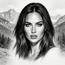 tattoo design sketch of megan fox portrait against a background of beautiful mountains and nature, hyper - realistic, in the style of den yakovlev, amazing detail, black and white