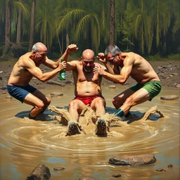 3 drunks fall over mud - wrestling,, oil painted ( ( ( ( ( ( by jeef koons ) ) ) ) ) )