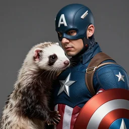 A ferret is cuddling Captain America, hyperdetailed, artstation, cgsociety, 8k