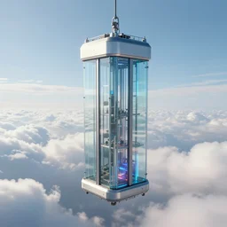 centralized, glass elevator hanging from a tether from the clouds, computer generated, 8 k, unreal engine dynamic perspective, surrealism, concept art by dom qwek, trending on cg society, futurism, futuristic, volumetric lighting, aesthetic