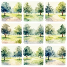 3 x 3 array of tileable watercolor park, grunge, stylized