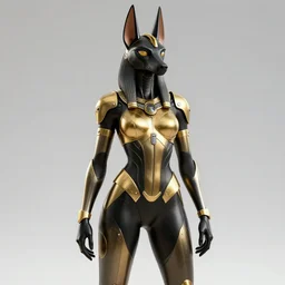 female anubis wearing black and gold cybertech armor. hourglass figure, character design by charlie bowater, ross tran, artgerm, and makoto shinkai, detailed, inked, western comic book art