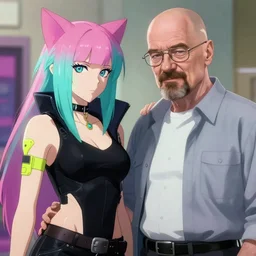 cyberpunk catgirl meeting photorealistic, bald walter white, advanced anime digital art, anime key visual, digital art, makoto shinkai, trending on artstation
