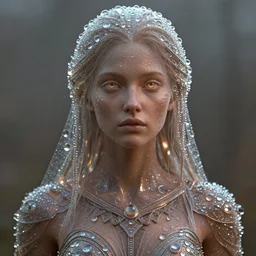 full shot of a regal brown woman wearing an intricate and detailed armor made of thousands of dew drops. refracted light. reflections. morning dew.. delicate. translucent. no makeup!! haunting eyes. vulnerable. fragile. ethereal. refracted light. by ray caesar. by louise dahl - wolfe. by andrea kowsch. octane render