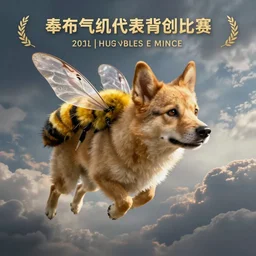 dog with bumblebee wings flying, sky, digital painting