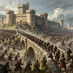 army defending stone bridge of a castle from a large attacking force, digital art, 4 k, epic, intense, medieval, intricate, battle, greg rutkowski, joeri lefevre, max prodanov, trending on artstation
