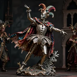 statue of wired matte dancing pierrot, sculpture with metallic polished intricated surface, dressed with a colorful torn silk cloak and fancy ornaments, made by antonio corradini, dug stanat, kris kuksi, lois greenfield, macabre art, dark surrealism, freak circus, commedia dell'arte, hipa awards photography, texturized, detailed, venezian carnival, high