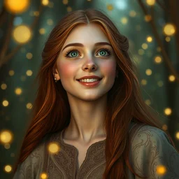 young woman, smiling amazed, among firefly lights, full covering intricate detailed dress, amidst nature, long red hair, precise linework, accurate green eyes, small nose with freckles, beautiful oval shape face, empathic, expressive emotions, dramatic lights, hyper realistic ultrafine art by artemisia gentileschi, jessica rossier, boris vallejo