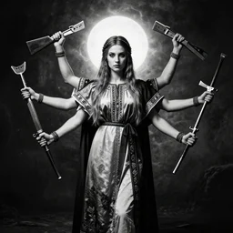 marana slavic goddess with ak - 4 7 in six arms in traditional slavic clothes : by anato finnstark kvlt by peder balke by peder balke by greg rutkowski, mystic high contrast monochromatic noir