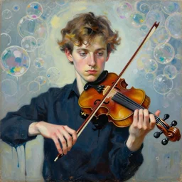 portrait of a young violinist with violin in hand focusing, painted by vincent lefevre and hernan bas and pat steir and hilma af klint, psychological, symmetrical face, dripping paint, washy brush, background with hundreds of bubbles of memories by andreas gursky, rendered in octane, altermodern, masterpiece