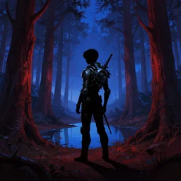 silhouette of a boy in a messy metallic alien technology dark fantasy redwood forest with ponds at dusk. perspective landscape fantasy science fiction. high contrast, strong shadows. deep colorful soft gradients, rich blue tones, dark background. by norman rockwell, eyvind earle, and moebius. sci - fi artstation