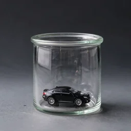photograph of a single glass container with motor vehicles inside of it, product photography, studio lighting