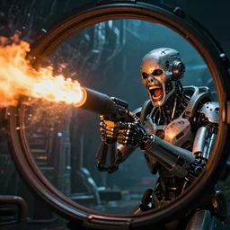widest fish eye lens extremely close to cyborg's laughing while shooting flamethrowers with a dystopian neocyberpunk backdrop. photorealistic. intricate details. 3 5 mm photograph. dramatic lighting. action shot. absolute focus. masterpiece.