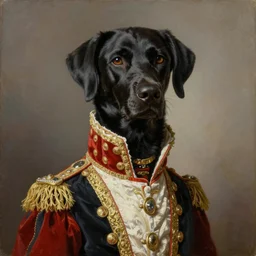 oil painting portrait of black thin and young anthropomorphized labrador dog wearing royal clothes, highly detailed, digital painting, artstation, sharp focus, art by leyendecker and greg rutkowski and alphonse mucha