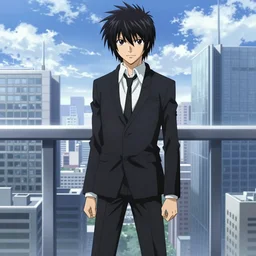 light yagami from death note wearing a black suit, standing on a skyscraper,