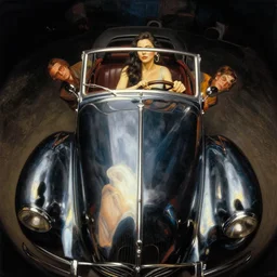 3 d fisheye, very low angle, wide angle, painting showing olivia munn driving exaggerated 1 9 3 0 s car with woman driving, shiny, dramatic lighting, sultry, sensual, shiny, vargas, wlop, manara, mucha, moebius, elvgren, joshua middleton, artgerm