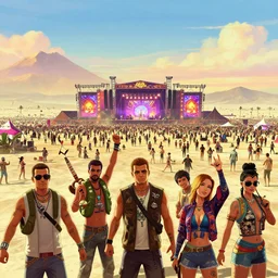 summer party rave gigantic desert burning man stage and thousands of party people beautiful picture and scenery, gta 5 comics, official fanart behance hd artstation by jesper ejsing, by rhads, makoto shinkai and lois van baarle, ilya kuvshinov, ossdraws, that looks like it is from borderlands and by by greg rutkowski, by jeremy mann, by franco