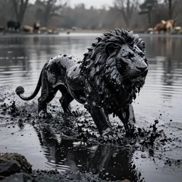 the black lioness made of ferrofluid, rolling in the lake of sticky thick tar, viscous, sticky, full of black goo, covered with black goo, splattered black goo, dripping black goo, dripping goo, splattered goo, sticky black goo. photography, dslr, reflections, black goo, zoo, exhibit