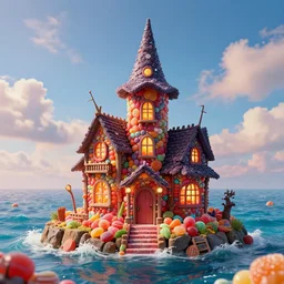 a witches house made out of candies on the ocean, epic scene, fantasy, redshift render, cgi, hyper - detailed, photo - bash, 8 k post - production, masterpiece