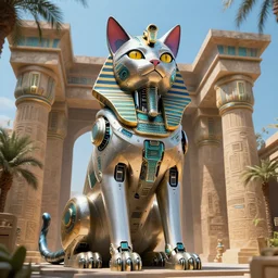 giant cyberpunk cat statue. Cybernetics. Synthwave. Egyptian temple. 8k resolution.