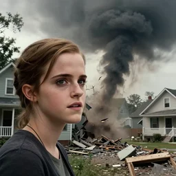 an f 4 tornado, with the face of emma watson, destroying houses