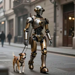 steampunk robot walking his dog on the street photoreal, cinematic, digital art