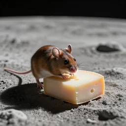 A mouse nibbling on a cheese wheel on the lunar surface