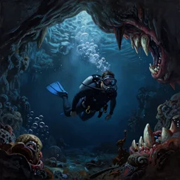 diver in a cave underwater, ultra painting, artistic, cosmic, haunted, cave like teeth, bubbles, scary, dark, weird, 4k,