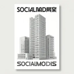 socialmodersist building, light white background, brutalist architecture, poster, raster, central composition, minimalist, grunge