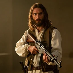 jesus christ with a tommy gun, movie still, cinematic lighting, 4 k