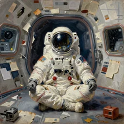 lonely astronaut meditating on the floor of his spaceship, intricate, detailed, torn paper decollage, oil on canvas by edward hopper, ( by mattias adolfsson ), by moebius