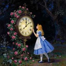 Alice in Wonderland,Clock,Rose twining,out of time and space,dreamy, eternity, romantic,highly detailed,in the style of Pierre-Auguste Renoir, night lighting