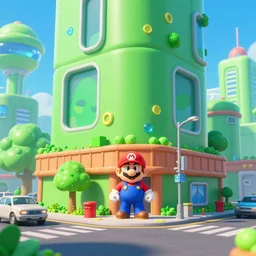 a street corner view of a soylent green future city in the style of super mario brothers 3