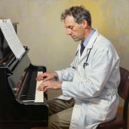 a stunning ultra realistic fine art painting of the world's greatest kidney doctor performing on the piano, trout in pants,  by tom bagshaw, studio portrait, vibrant colors, 4K