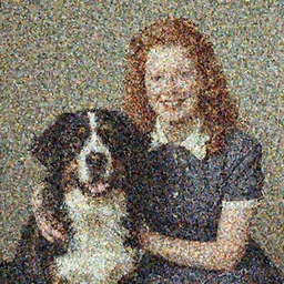 red haired woman smiling with her saint bernard dog, portrait by normal rockwell 1 9 4 0 s